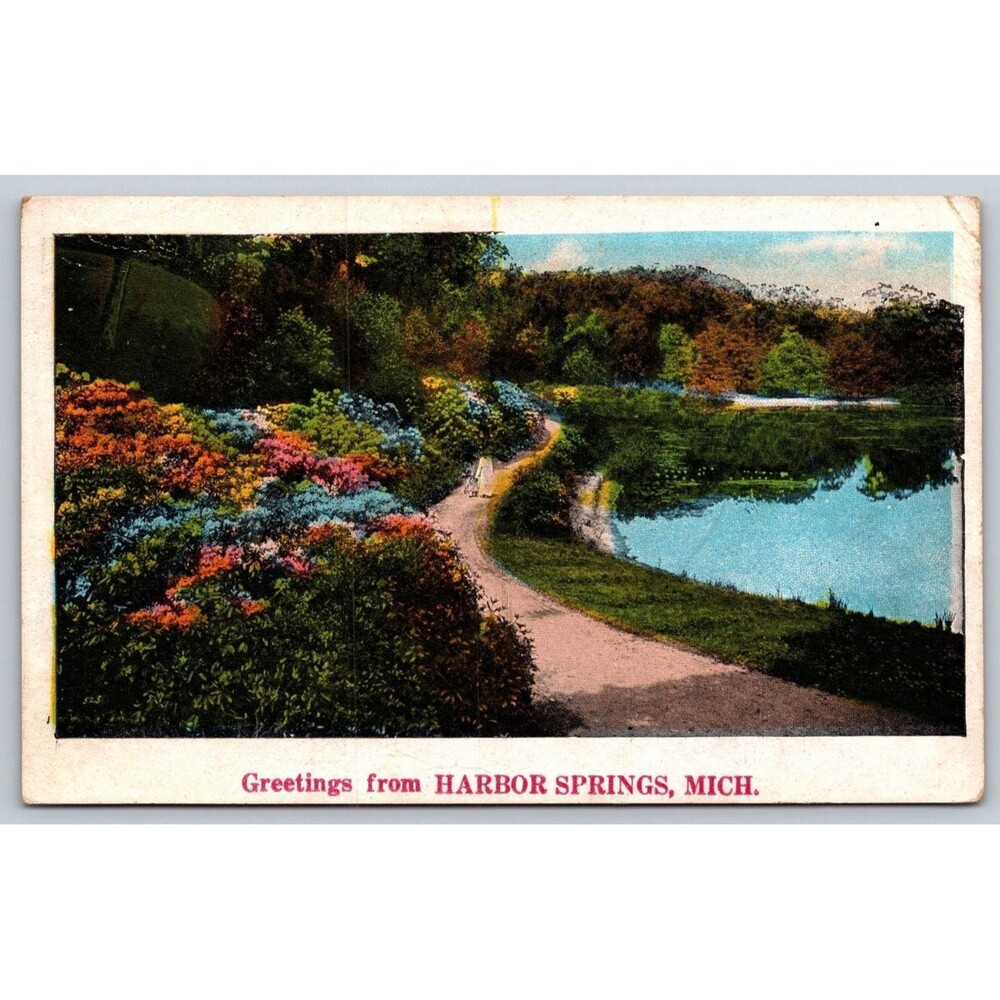 Vintage Harbor Springs MI Postcard 1928 Linen Lake Scenic Flowers Road Posted